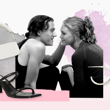 a collage of a white purse, black heels, and silver earrings surrounding a scene from 10 things i hate about you where patrick is about to kiss kat